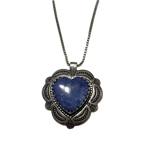 Vintage Sterling Silver Blue Lapis Heart Pendant on Sterling Silver chain - Picture 1 of 3